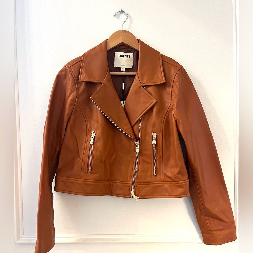 L'AGENCE Onna‎ Cropped 100% Lamb Leather Biker Moto Jacket in Tan Umber NEW Tags
